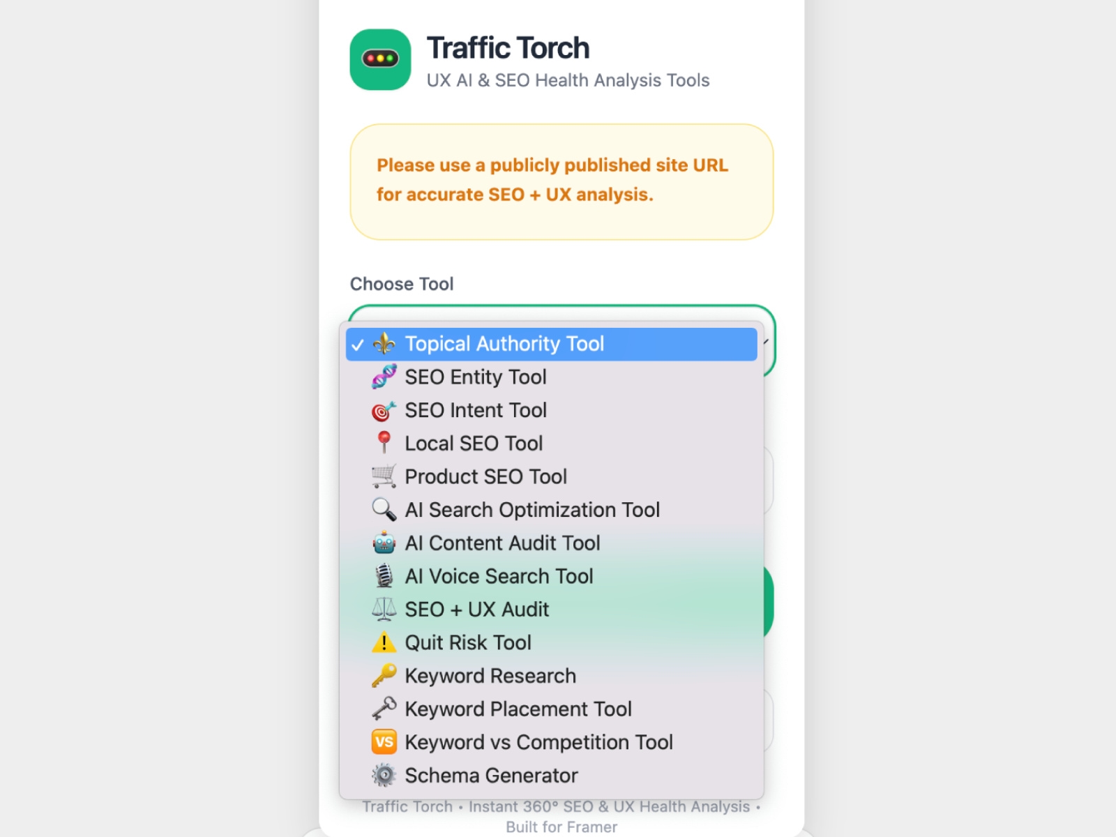 Screenshot 1 for Traffic Torch, a Framer Marketplace plugin by Ylia Callan.