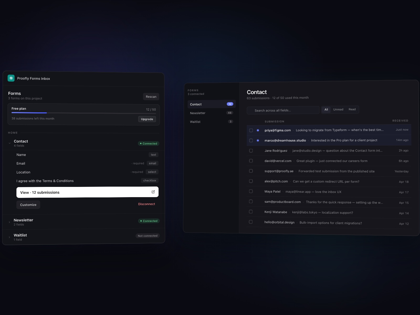 Screenshot 1 for Proofly Forms Inbox, a Framer Marketplace plugin by Proofly.ae.
