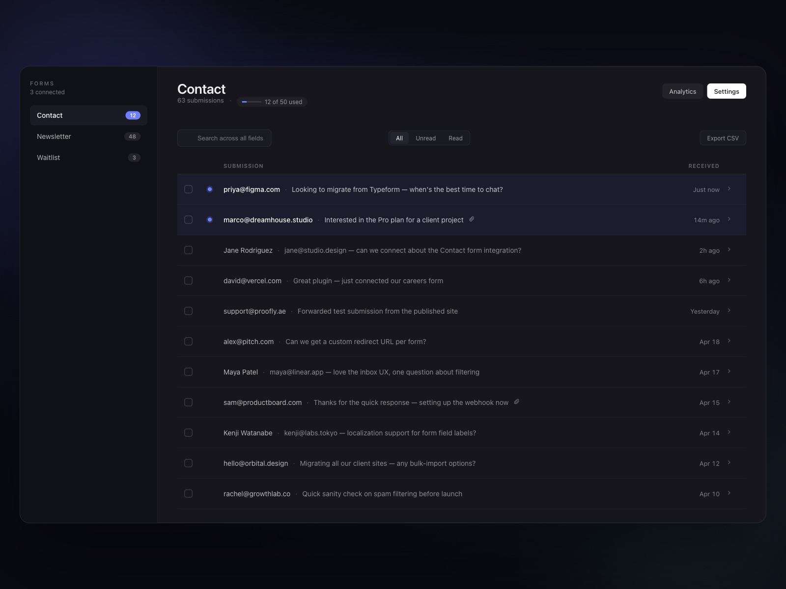 Screenshot 2 for Proofly Forms Inbox, a Framer Marketplace plugin by Proofly.ae.