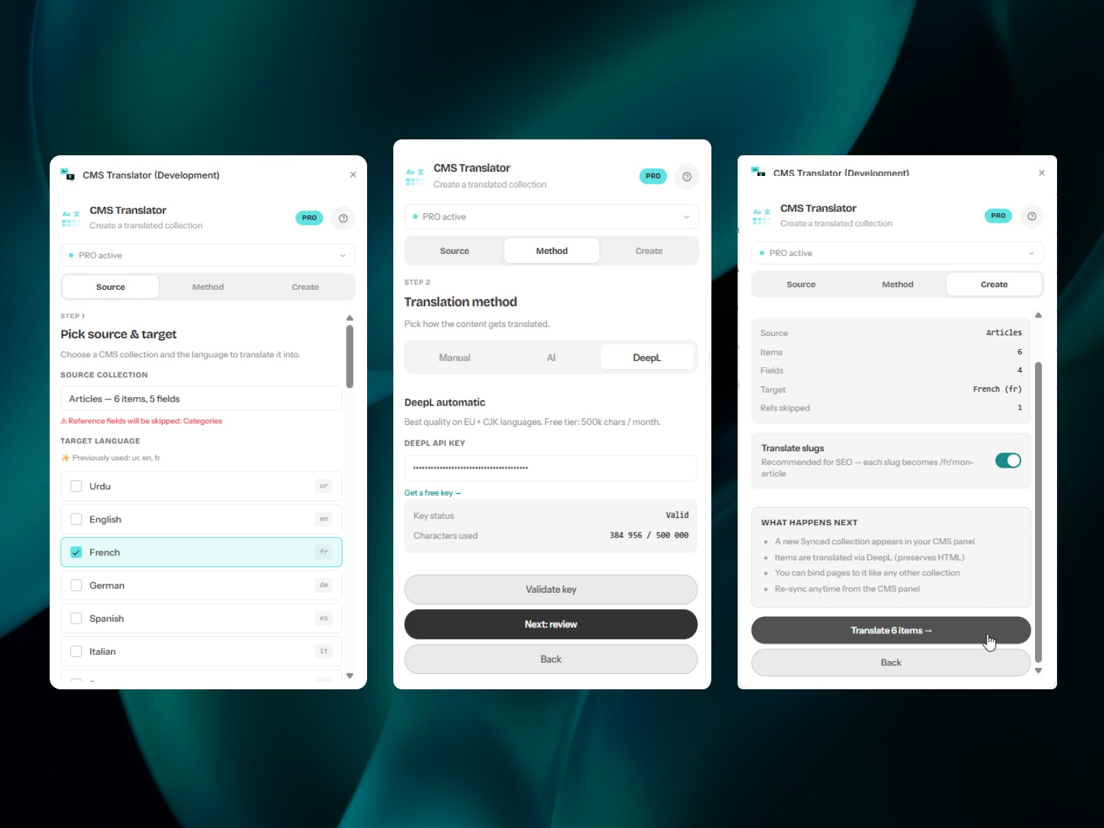 Screenshot 2 for CMS Translator, a Framer Marketplace plugin by Ilies Allali.
