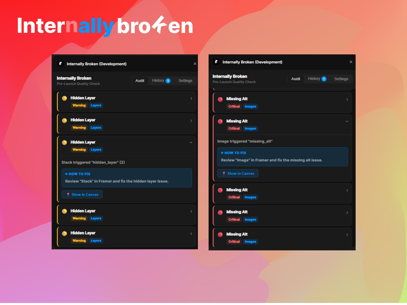 Screenshot 4 for Internally Broken, a Framer Marketplace plugin by valorsic studio.