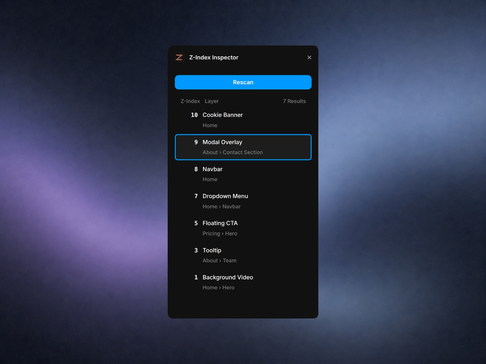 Screenshot 3 for Z-Index Inspector, a Framer Marketplace plugin by ZenPrism.