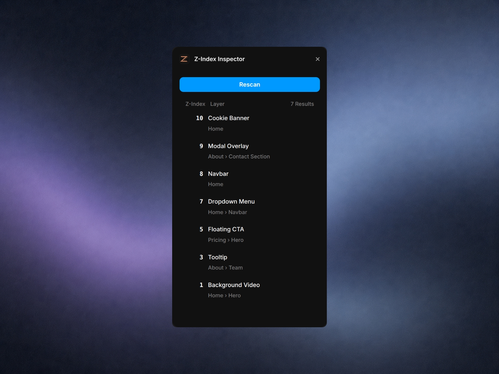 Thumbnail 1 for Z-Index Inspector, a Framer Marketplace template by ZenPrism.