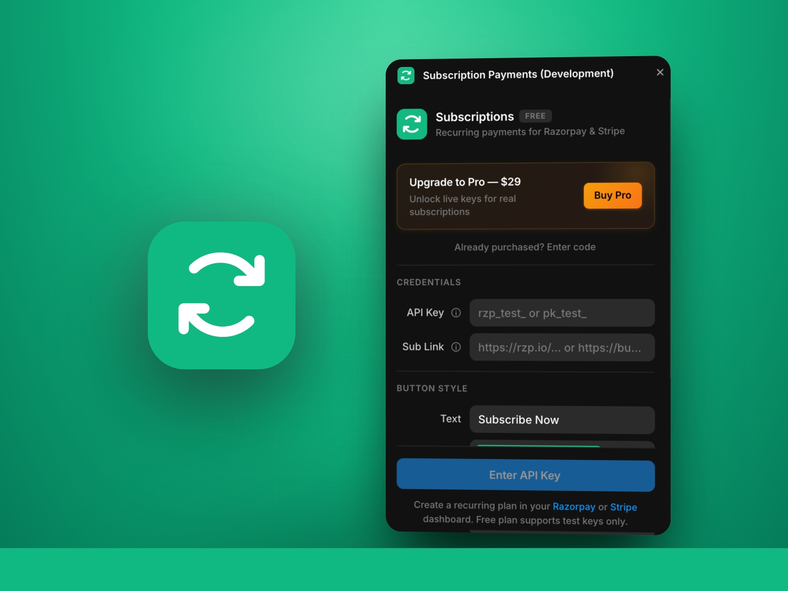 Screenshot 1 for Subscription Payments, a Framer Marketplace plugin by Khushal Dewra (KDX Studios).
