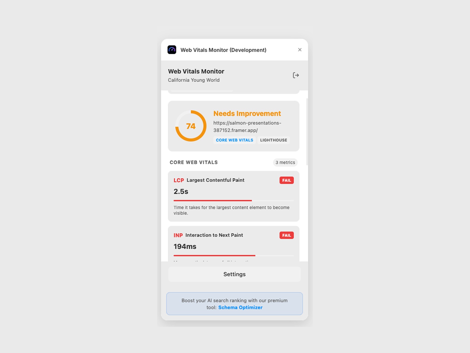 Screenshot 1 for Web Vitals Monitor, a Framer Marketplace plugin by Alex Murillo.