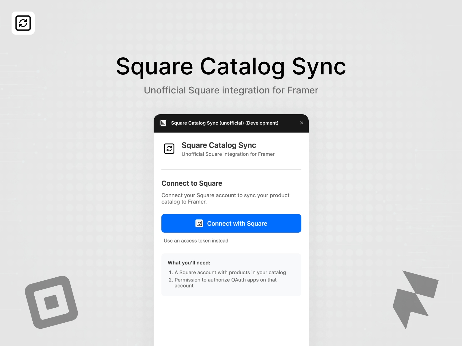 Screenshot 1 for Square Catalog Sync (unofficial), a Framer Marketplace plugin by Push Refresh.
