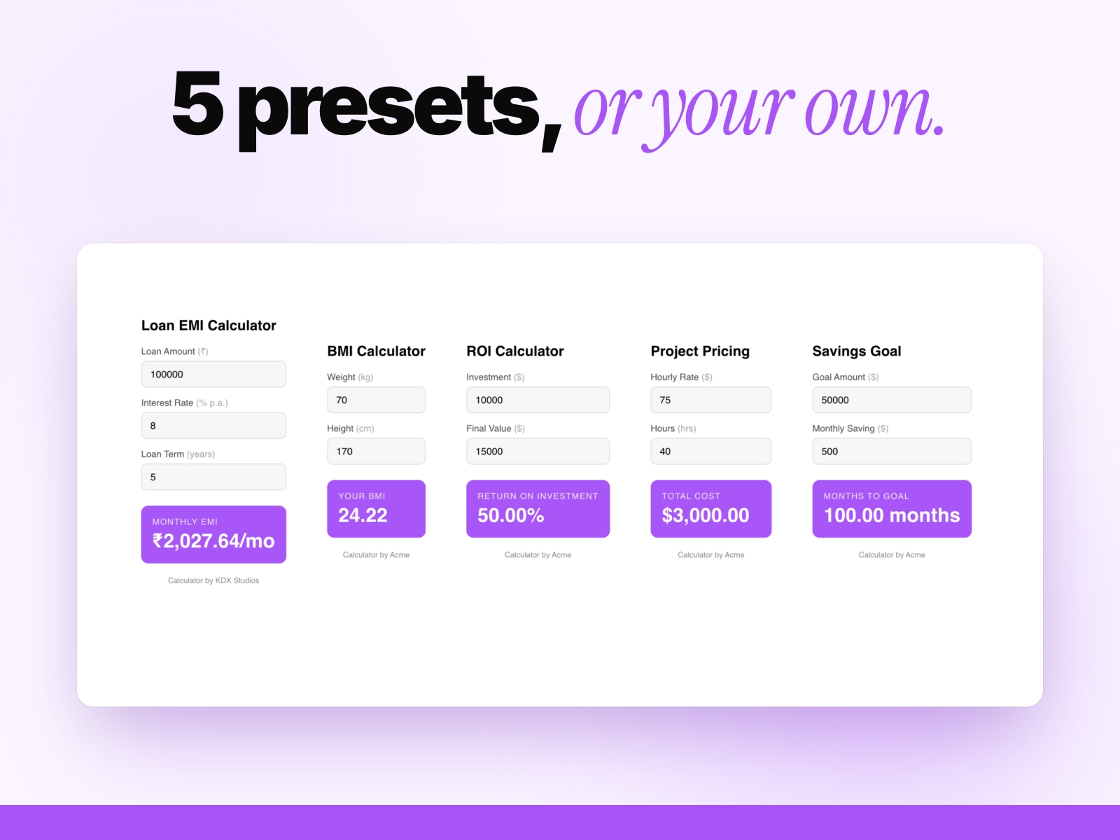 Screenshot 3 for Calculator Builder, a Framer Marketplace plugin by Khushal Dewra (KDX Studios).