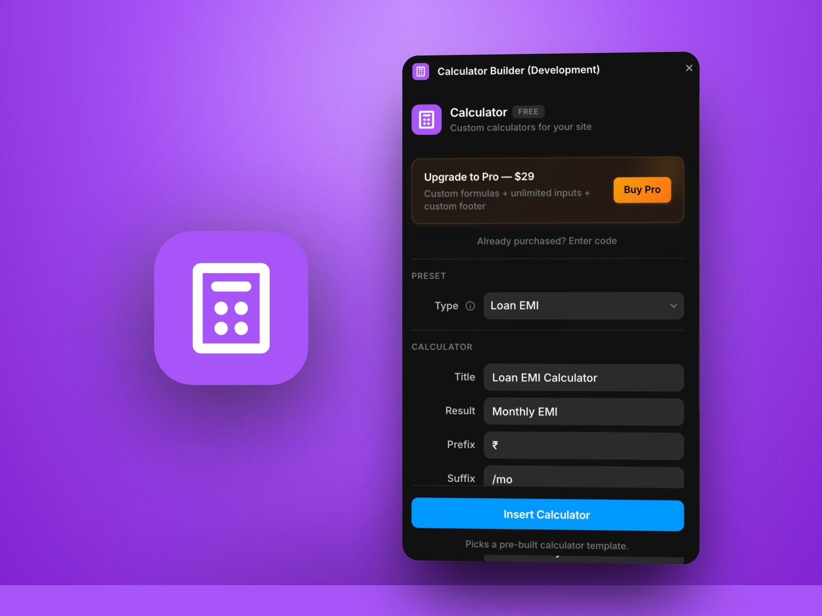 Screenshot 1 for Calculator Builder, a Framer Marketplace plugin by Khushal Dewra (KDX Studios).