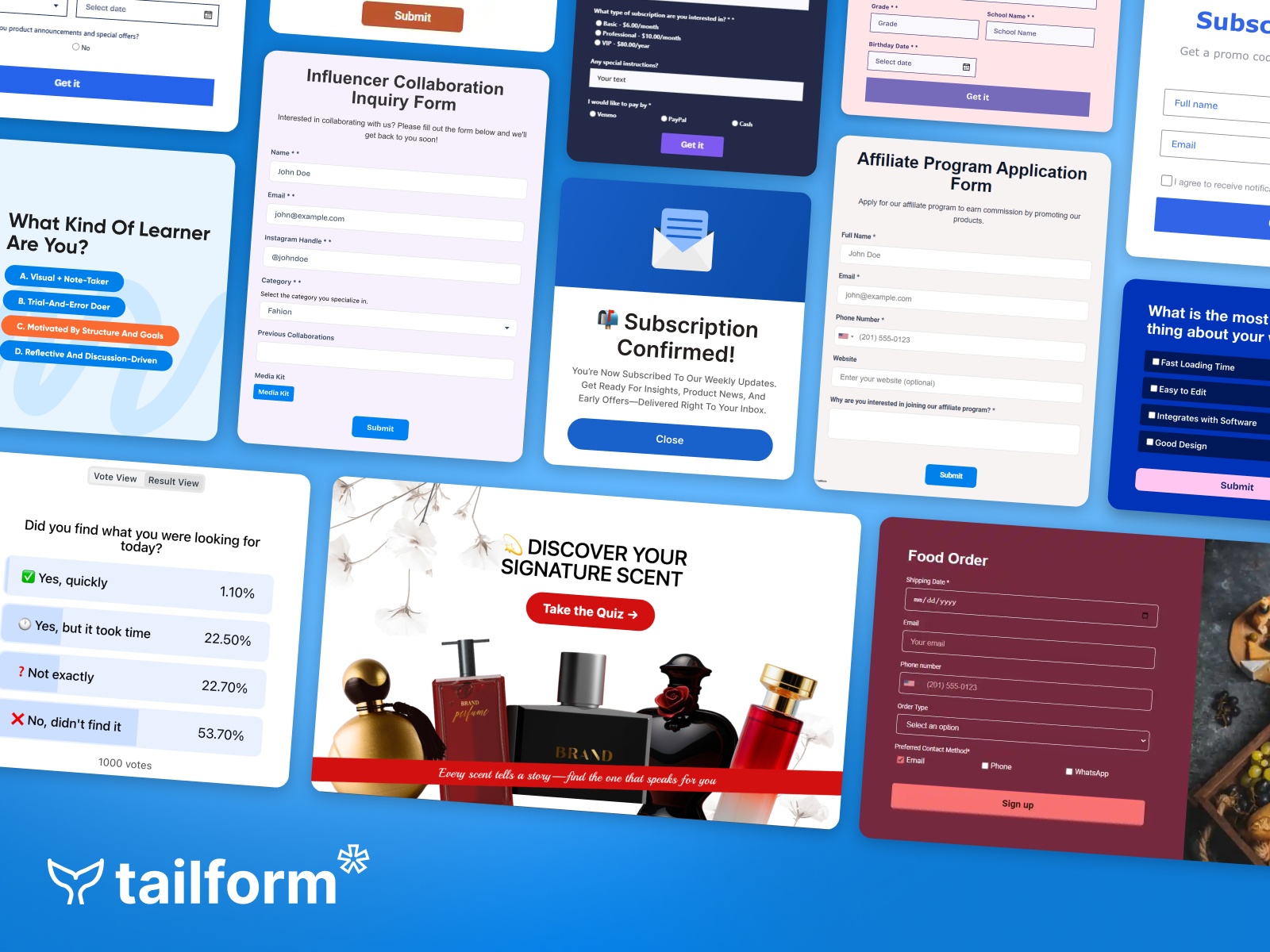 Thumbnail 1 for Tailform: Form Builder, Quizzes, Polls, a Framer Marketplace template by TailForm App.