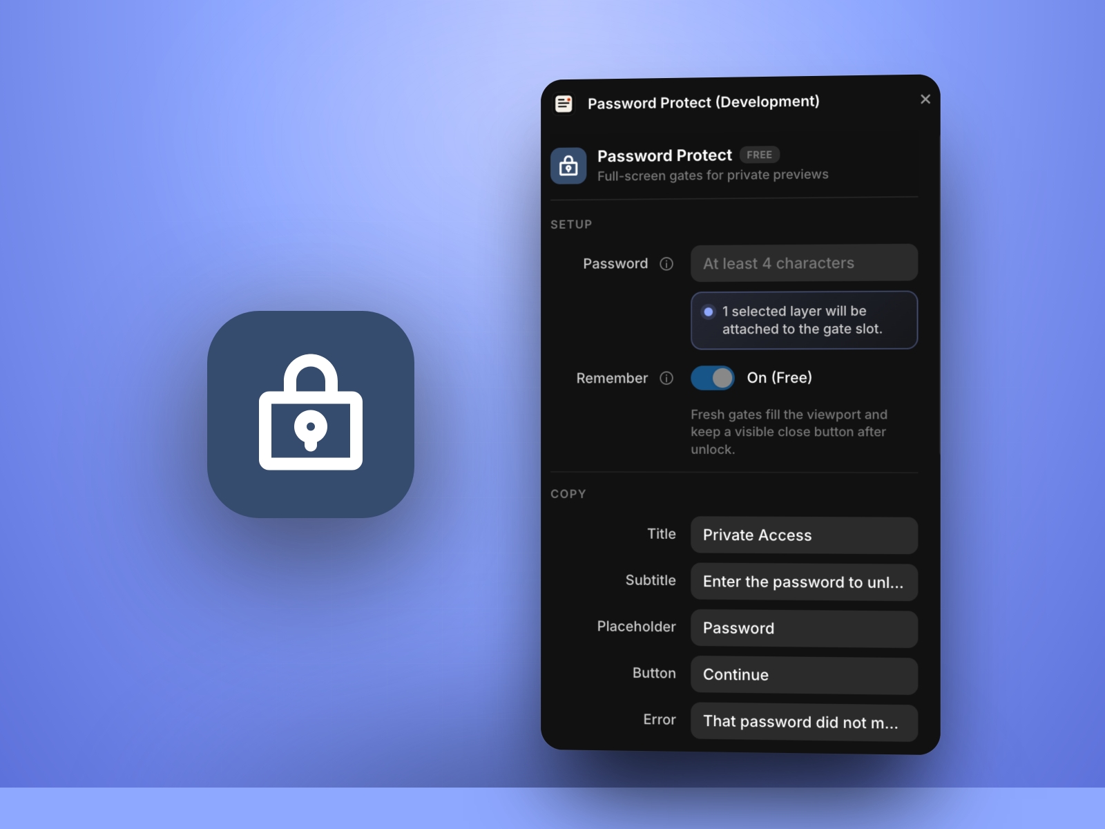 Screenshot 1 for Password Gate, a Framer Marketplace plugin by Khushal Dewra (KDX Studios).