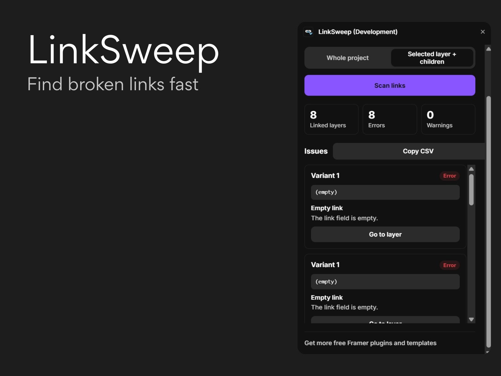 Screenshot 1 for LinkSweep, a Framer Marketplace plugin by Noel Dario Andres.