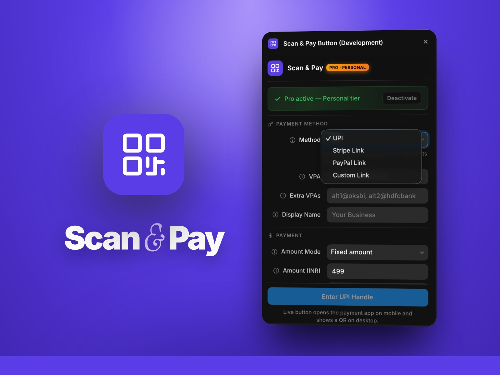 Screenshot 1 for Scan & Pay Button, a Framer Marketplace plugin by Khushal Dewra (KDX Studios).