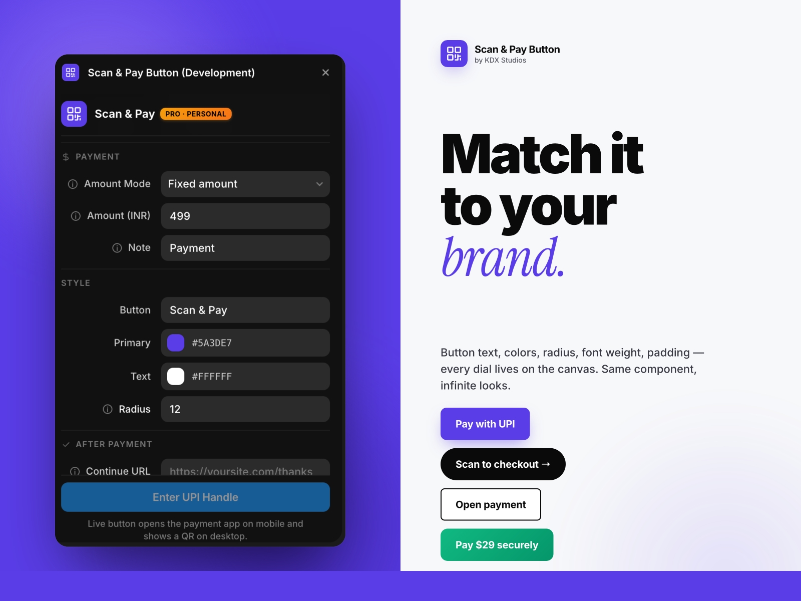 Screenshot 3 for Scan & Pay Button, a Framer Marketplace plugin by Khushal Dewra (KDX Studios).