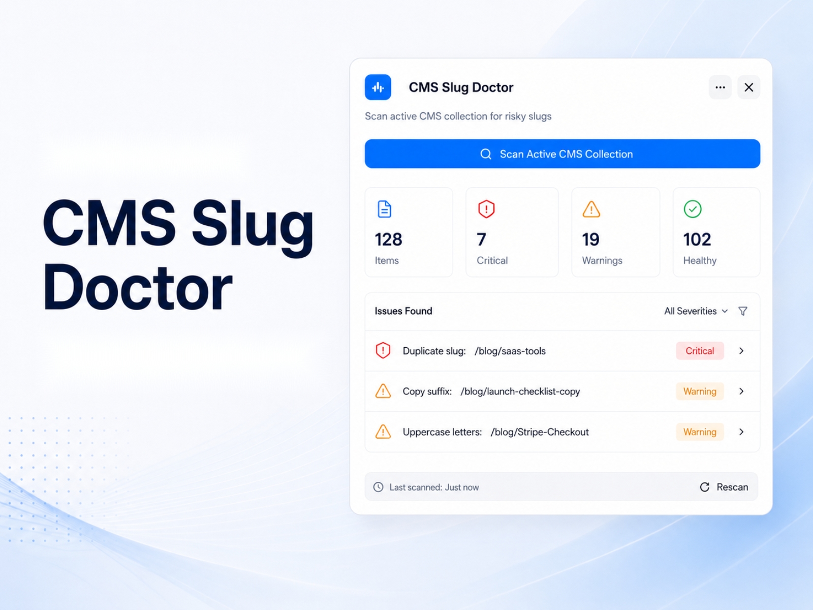 Screenshot 1 for CMS Slug Doctor, a Framer Marketplace plugin by ghulam mohiodin.