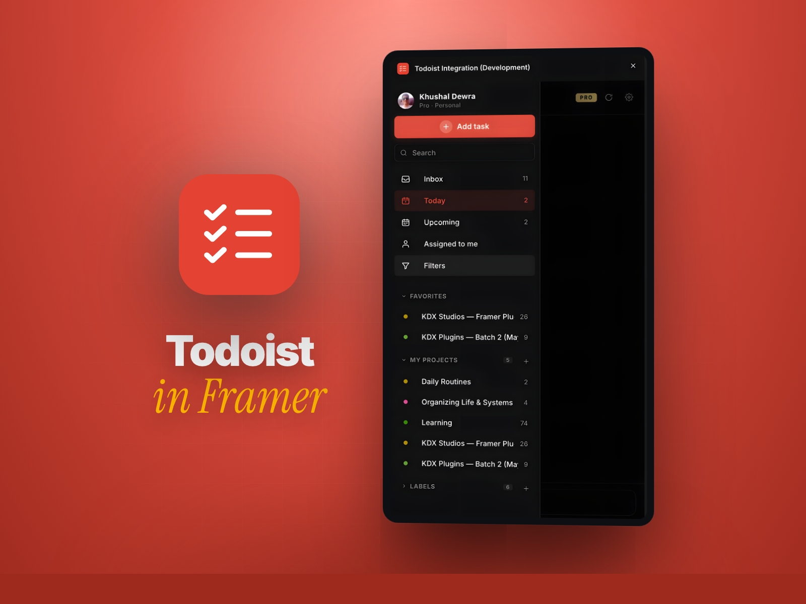 Thumbnail 1 for Todoist Integration, a Framer Marketplace template by Khushal Dewra (KDX Studios).