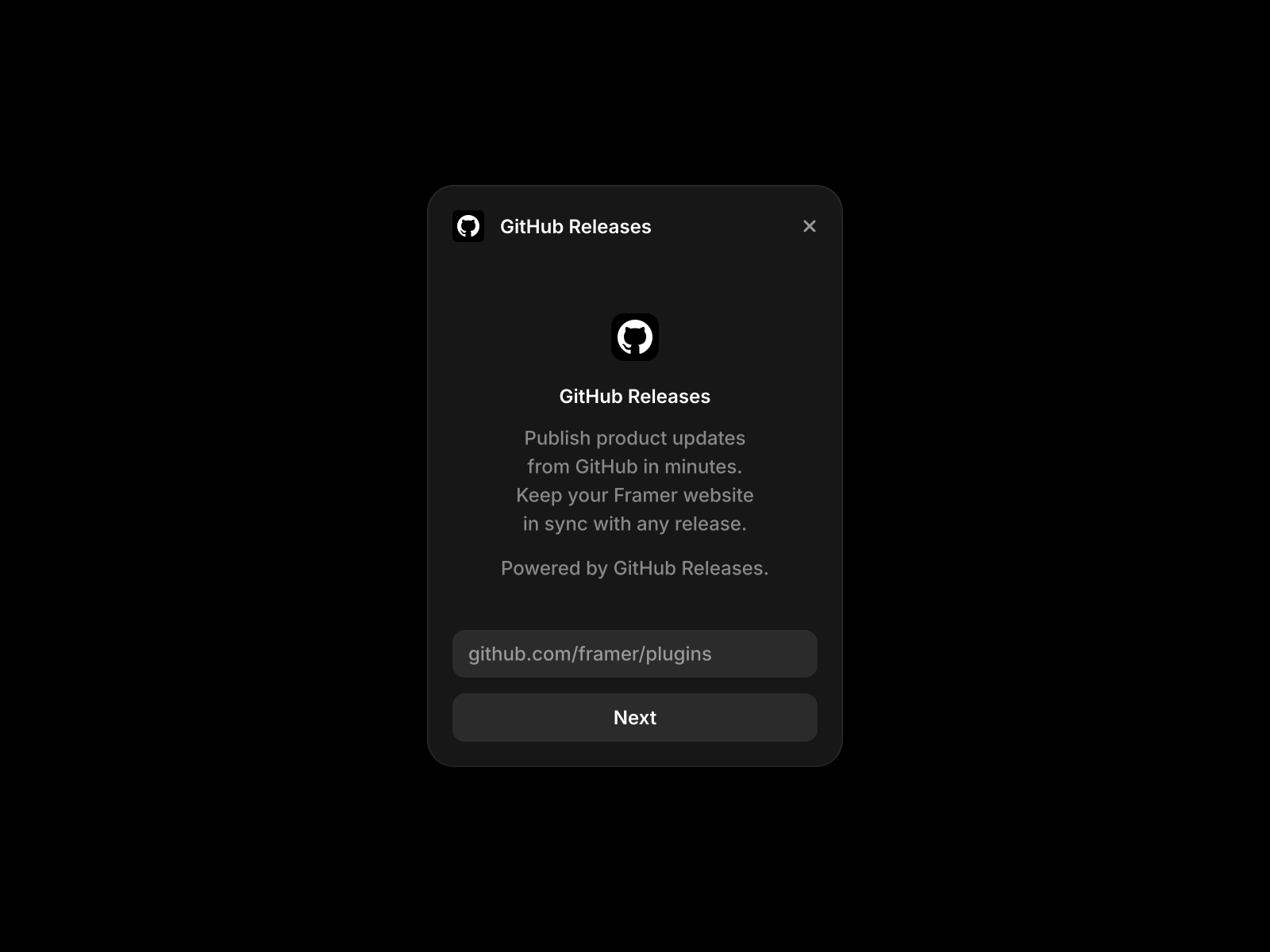Screenshot 1 for GitHub Releases, a Framer Marketplace plugin by Andreu.