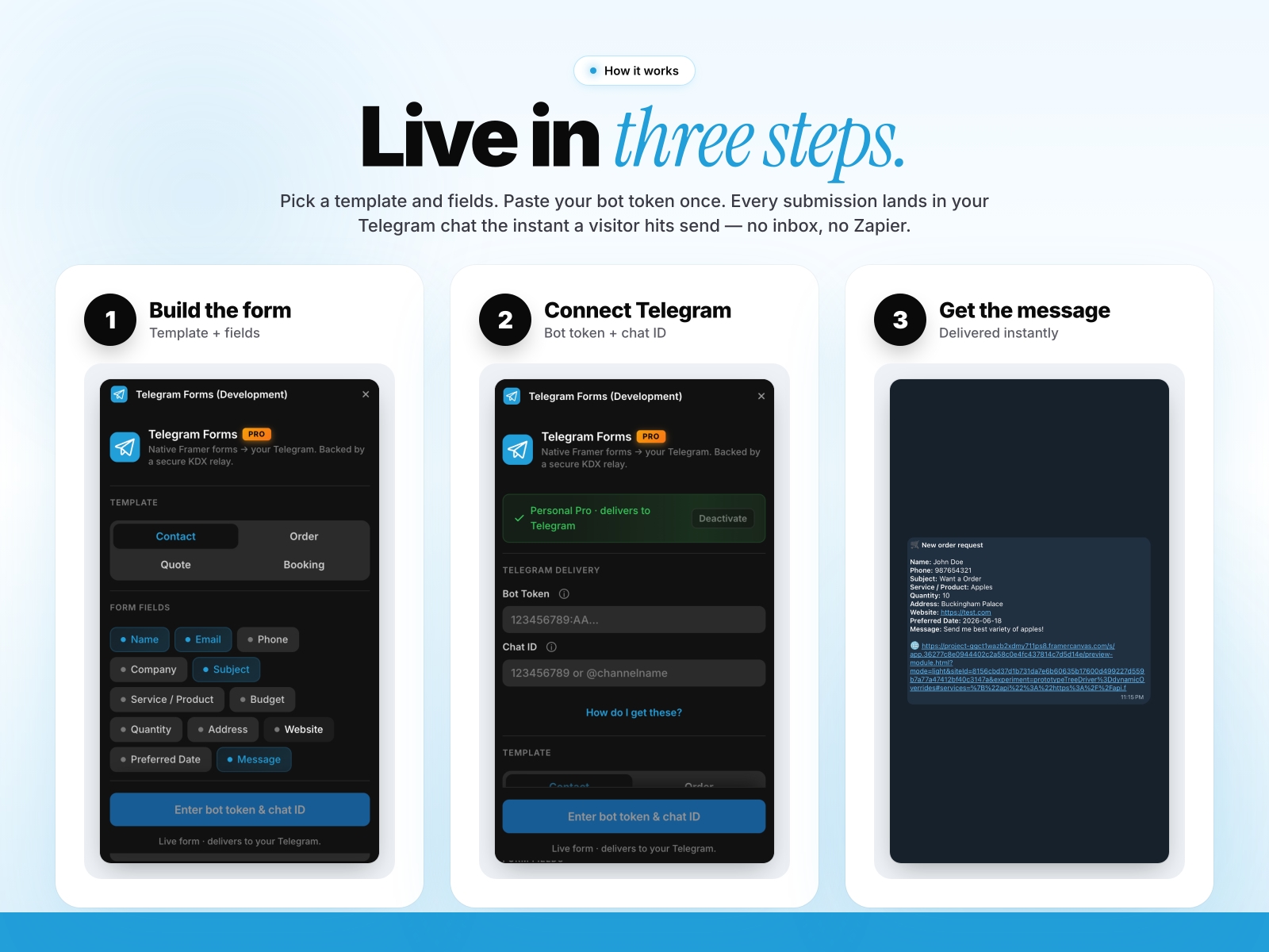 Screenshot 2 for Telegram Forms, a Framer Marketplace plugin by Khushal Dewra (KDX Studios).