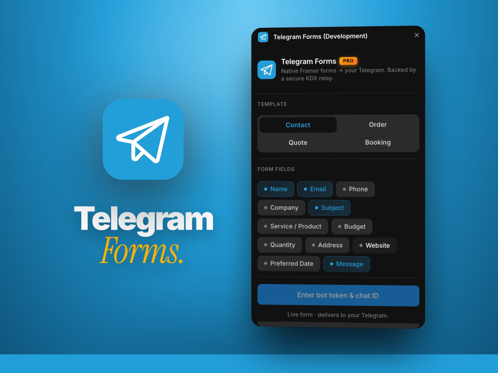 Screenshot 1 for Telegram Forms, a Framer Marketplace plugin by Khushal Dewra (KDX Studios).