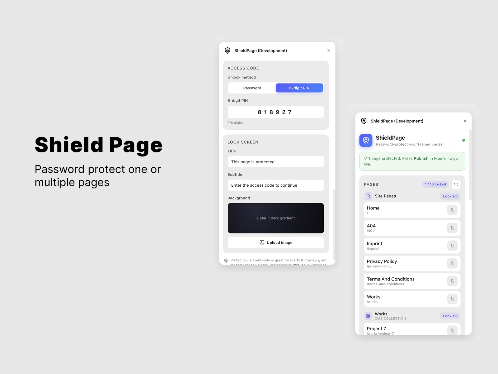 Screenshot 1 for ShieldPage, a Framer Marketplace plugin by Vasile Tiplea.