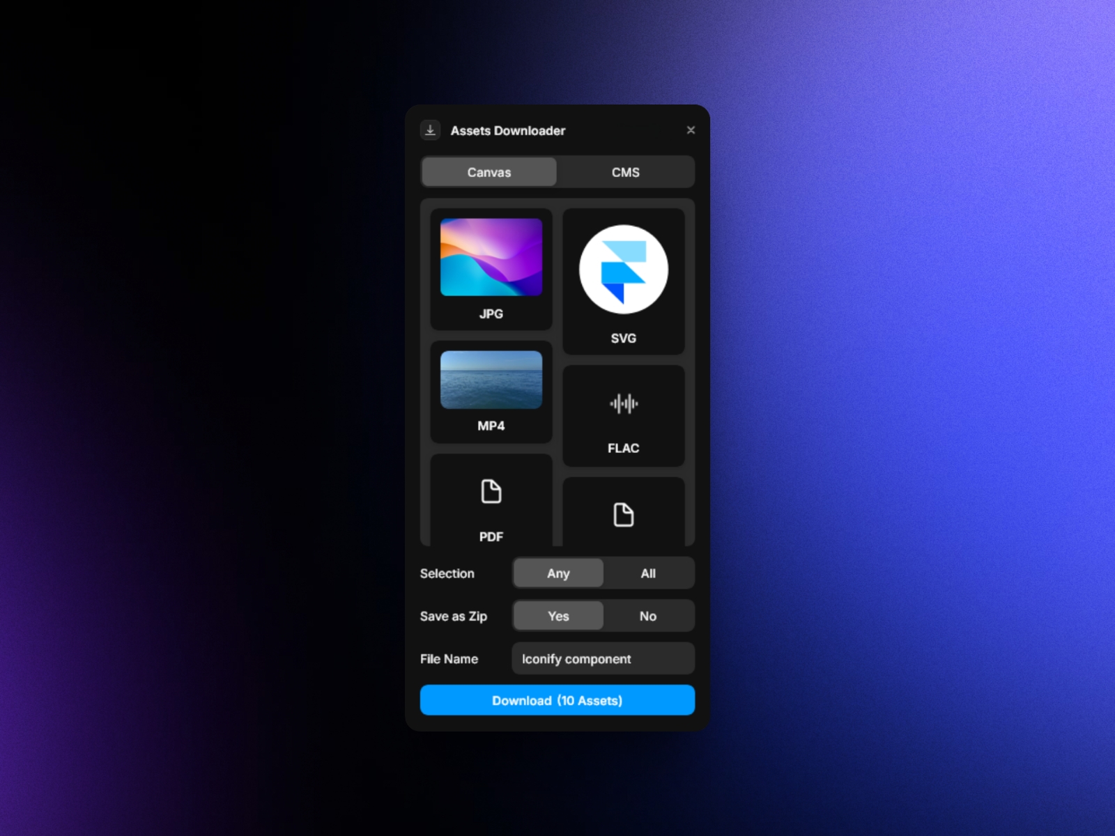 Screenshot 1 for Assets Downloader, a Framer Marketplace plugin by Arun Raj.