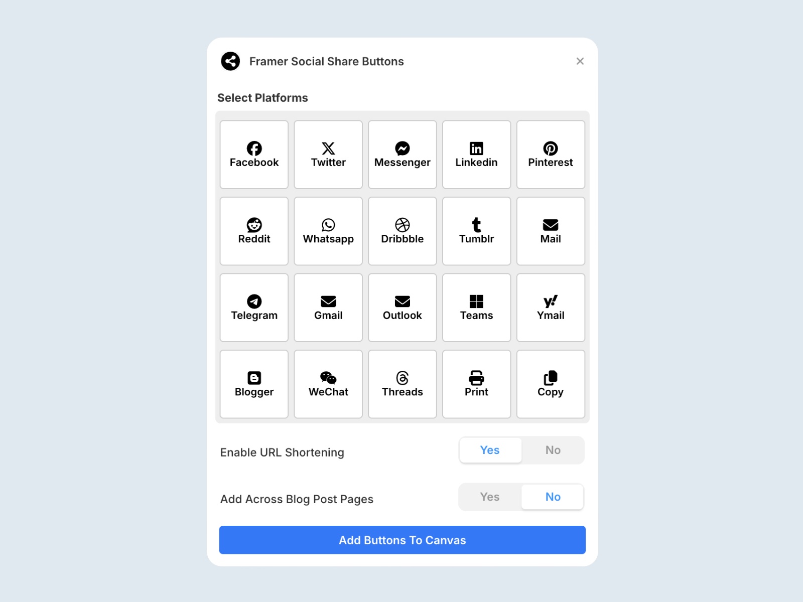 Thumbnail 2 for Framer Social Share Buttons, a Framer Marketplace plugin.
