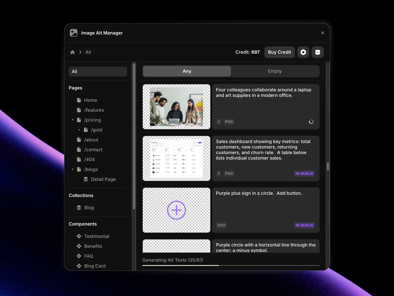 Screenshot 1 for Image Alt Manager, a Framer Marketplace plugin by Fehmi Özüseven.