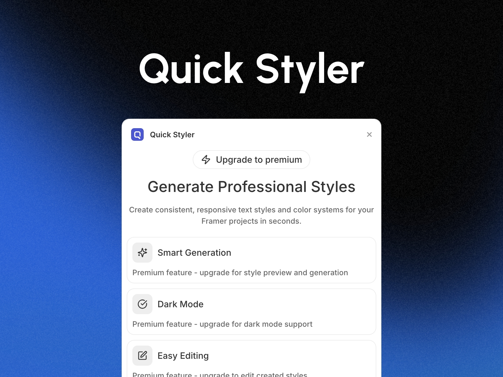 Screenshot 1 for Quick Styler, a Framer Marketplace plugin by Fusioo Design.