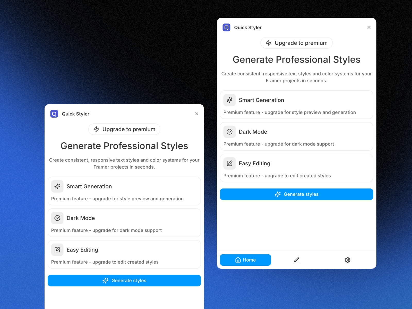 Screenshot 2 for Quick Styler, a Framer Marketplace plugin by Fusioo Design.