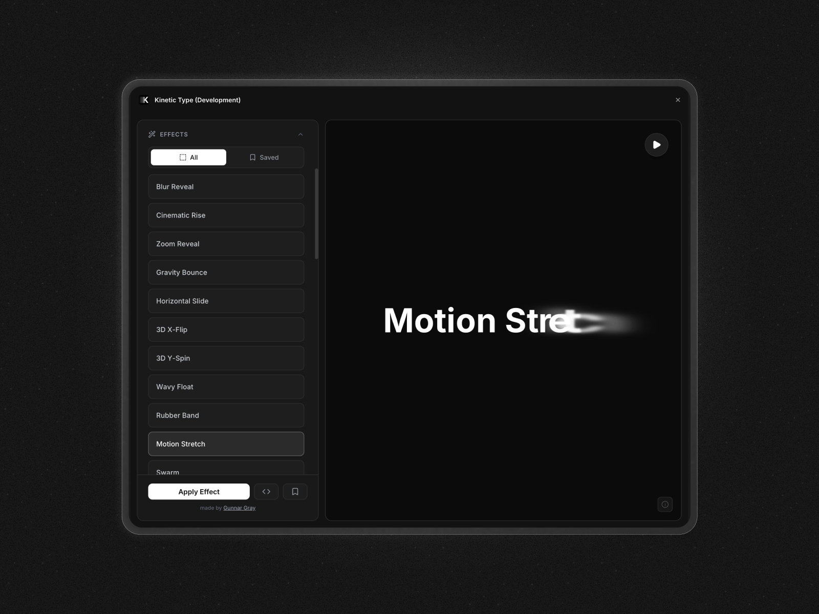 Thumbnail 1 for Kinetic Type, a Framer Marketplace template by Gunnar Gray.