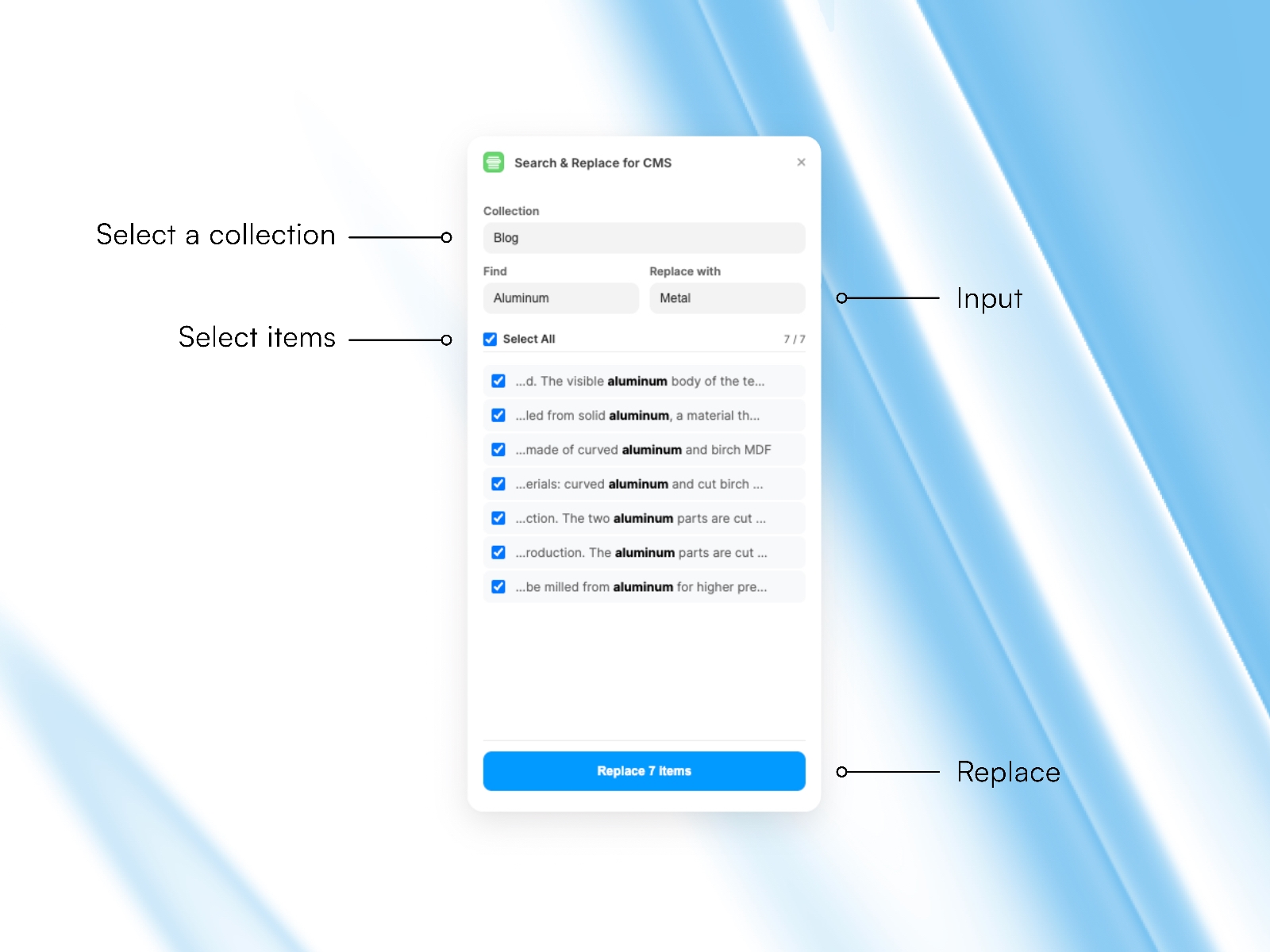 Screenshot 3 for Search & Replace for CMS, a Framer Marketplace plugin by Henning Winter.
