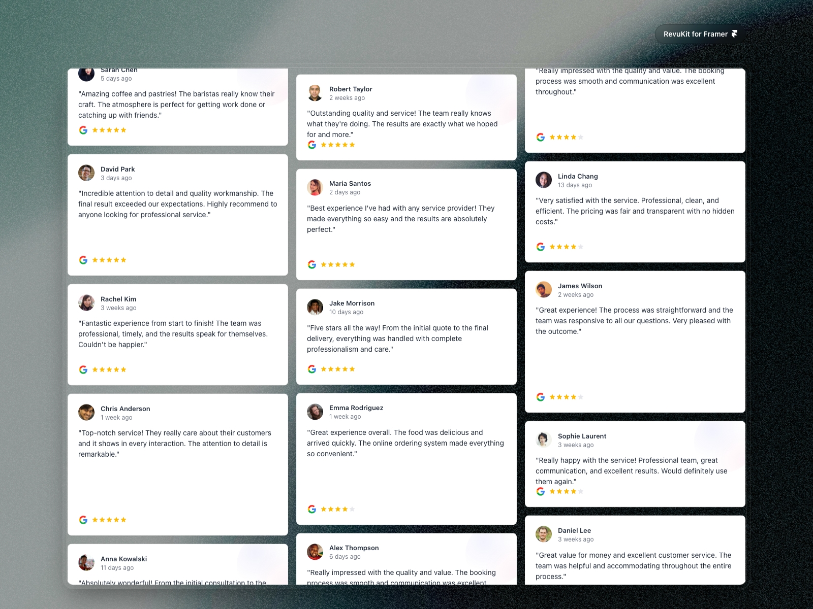 Thumbnail 2 for RevuKit - Google Reviews, a Framer Marketplace template by Revukit Studio.