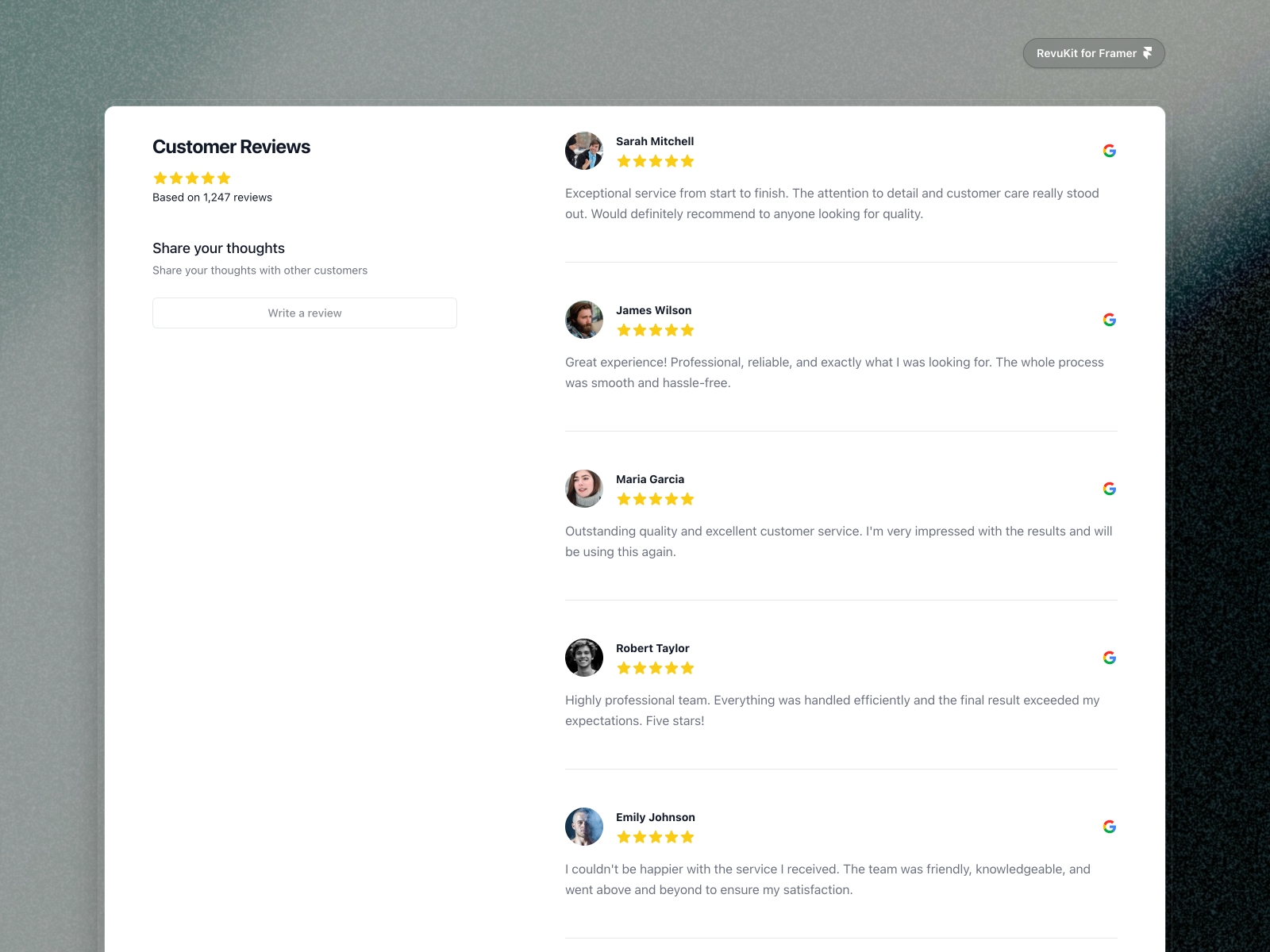 Thumbnail 1 for RevuKit - Google Reviews, a Framer Marketplace template by Revukit Studio.