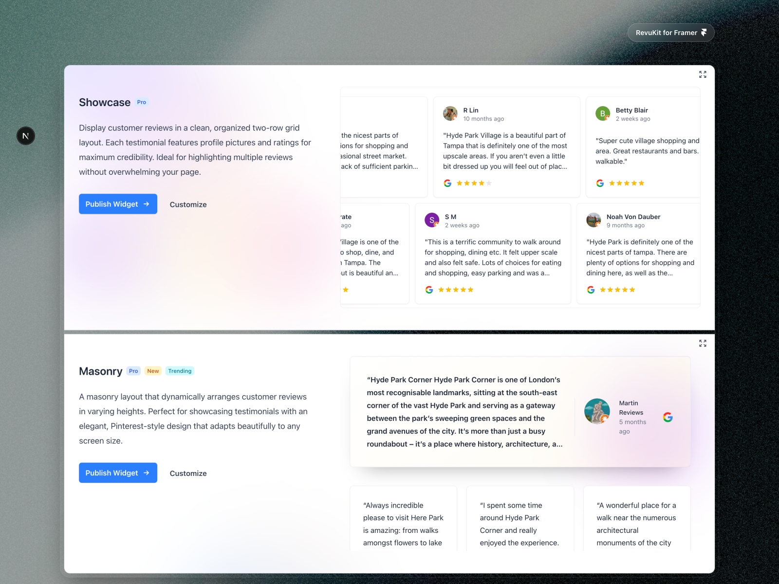 Screenshot 4 for RevuKit - Google Reviews, a Framer Marketplace plugin by Revukit Studio.