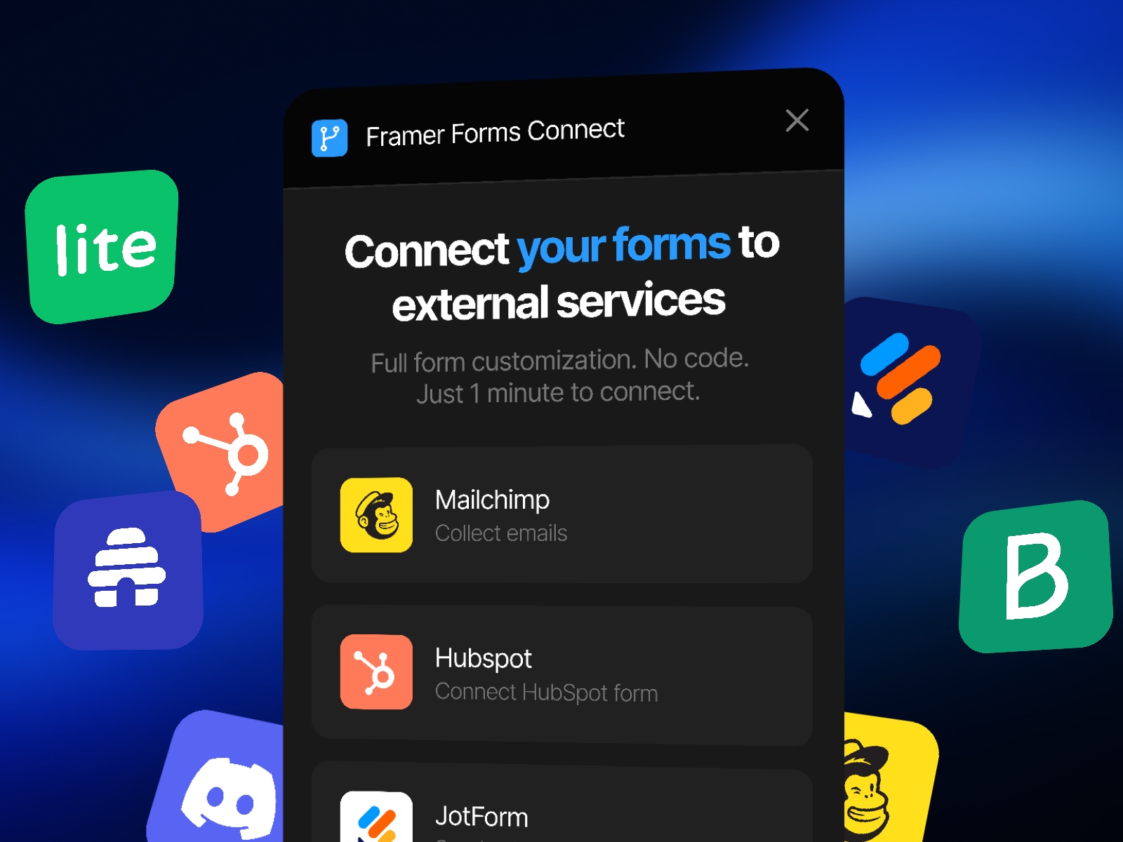 Screenshot 1 for Framer Forms Connect, a Framer Marketplace plugin by Roman Avshalumov.