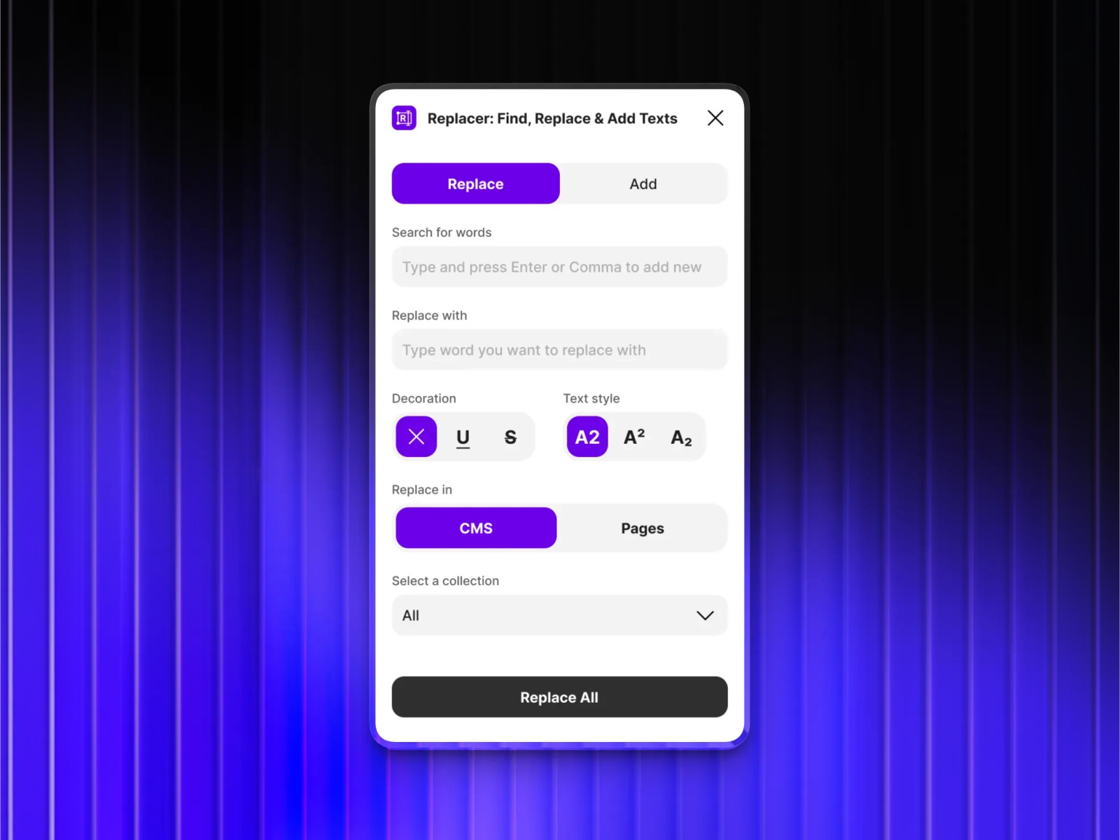 Thumbnail 1 for Replacer: Find, Replace & Add Texts, a Framer Marketplace template by Bijay Ranjan.