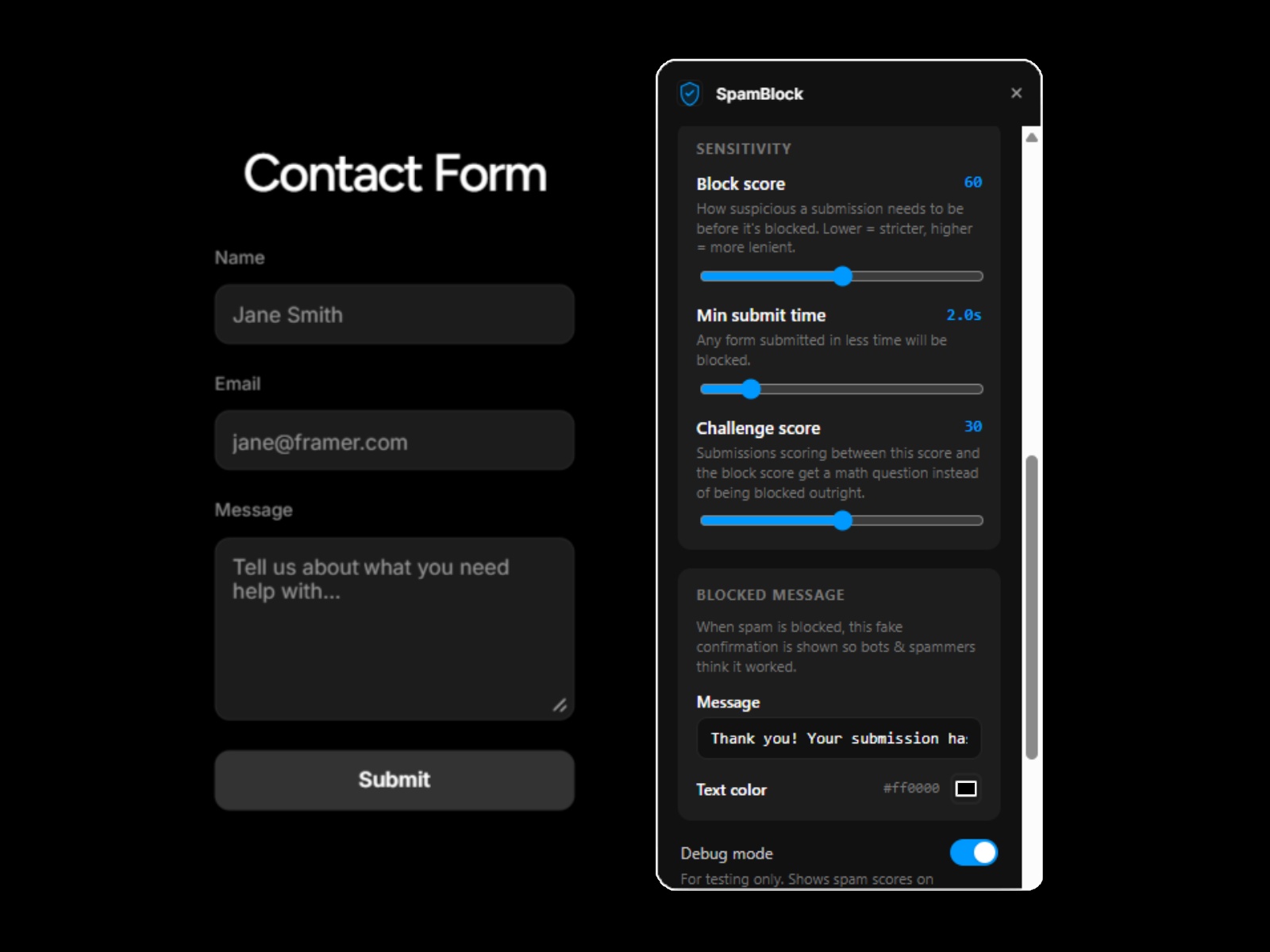 Screenshot 2 for SpamBlock, a Framer Marketplace plugin by BlueSkies Digital.