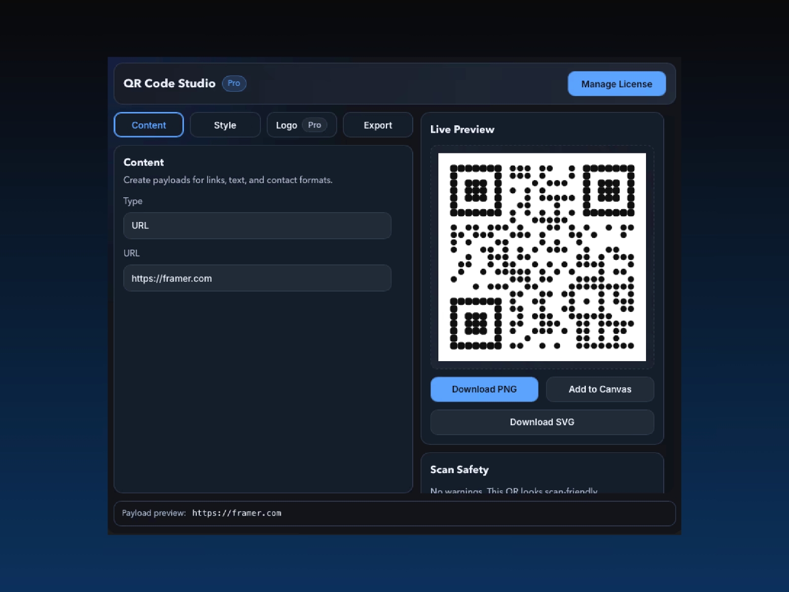 Screenshot 1 for QR Code Studio, a Framer Marketplace plugin by Kami.