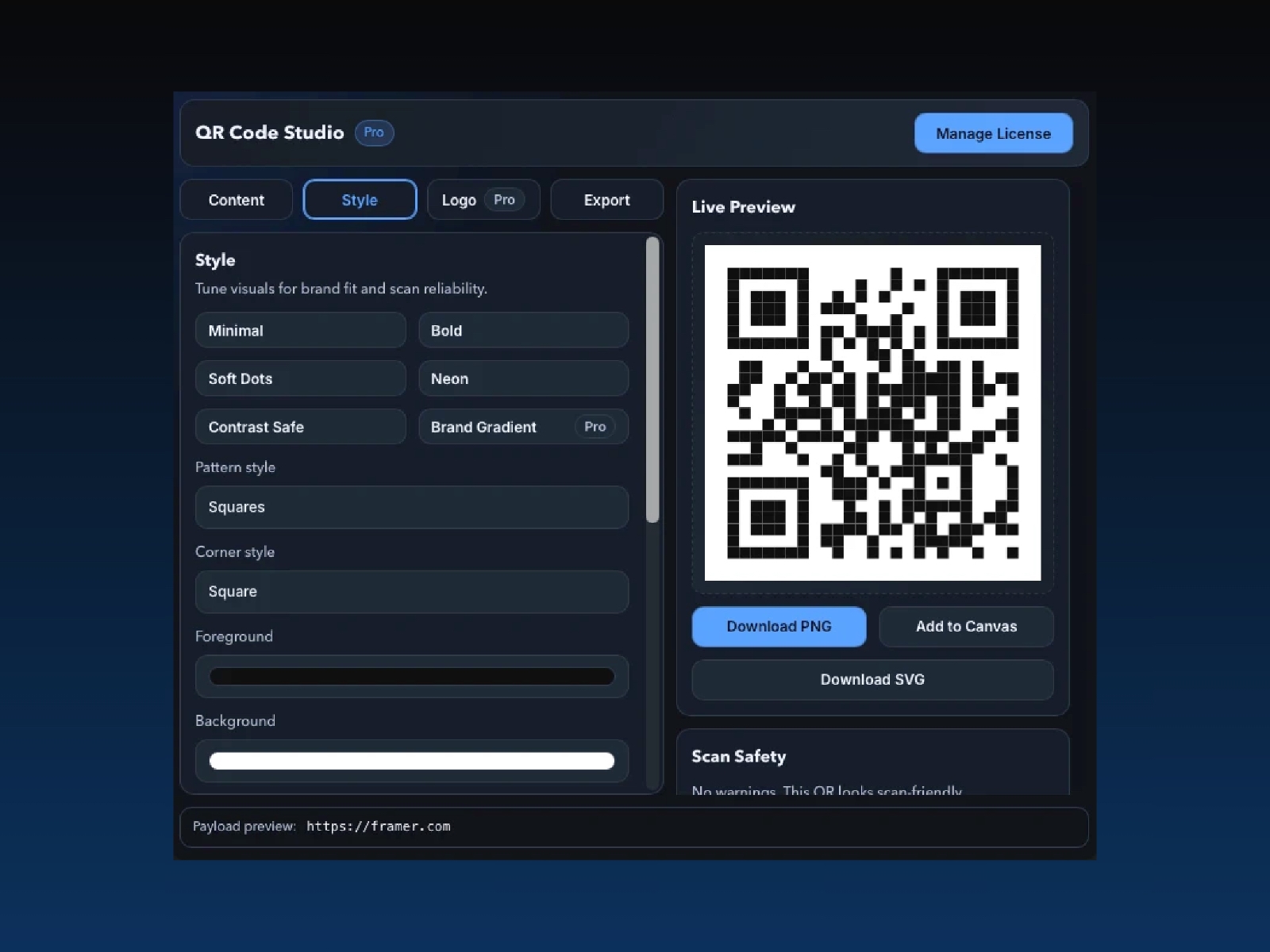 Screenshot 2 for QR Code Studio, a Framer Marketplace plugin by Kami.