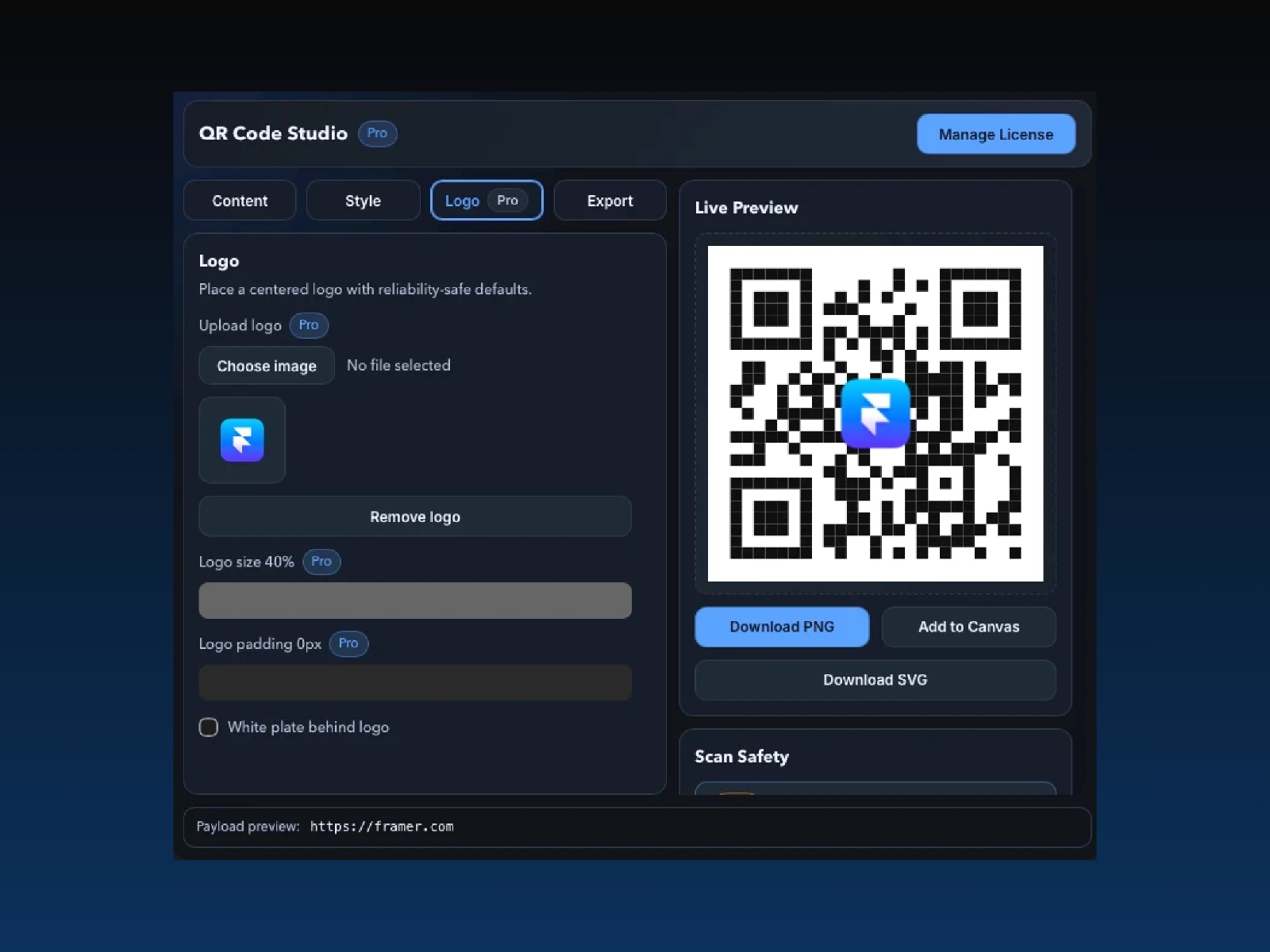 Screenshot 3 for QR Code Studio, a Framer Marketplace plugin by Kami.