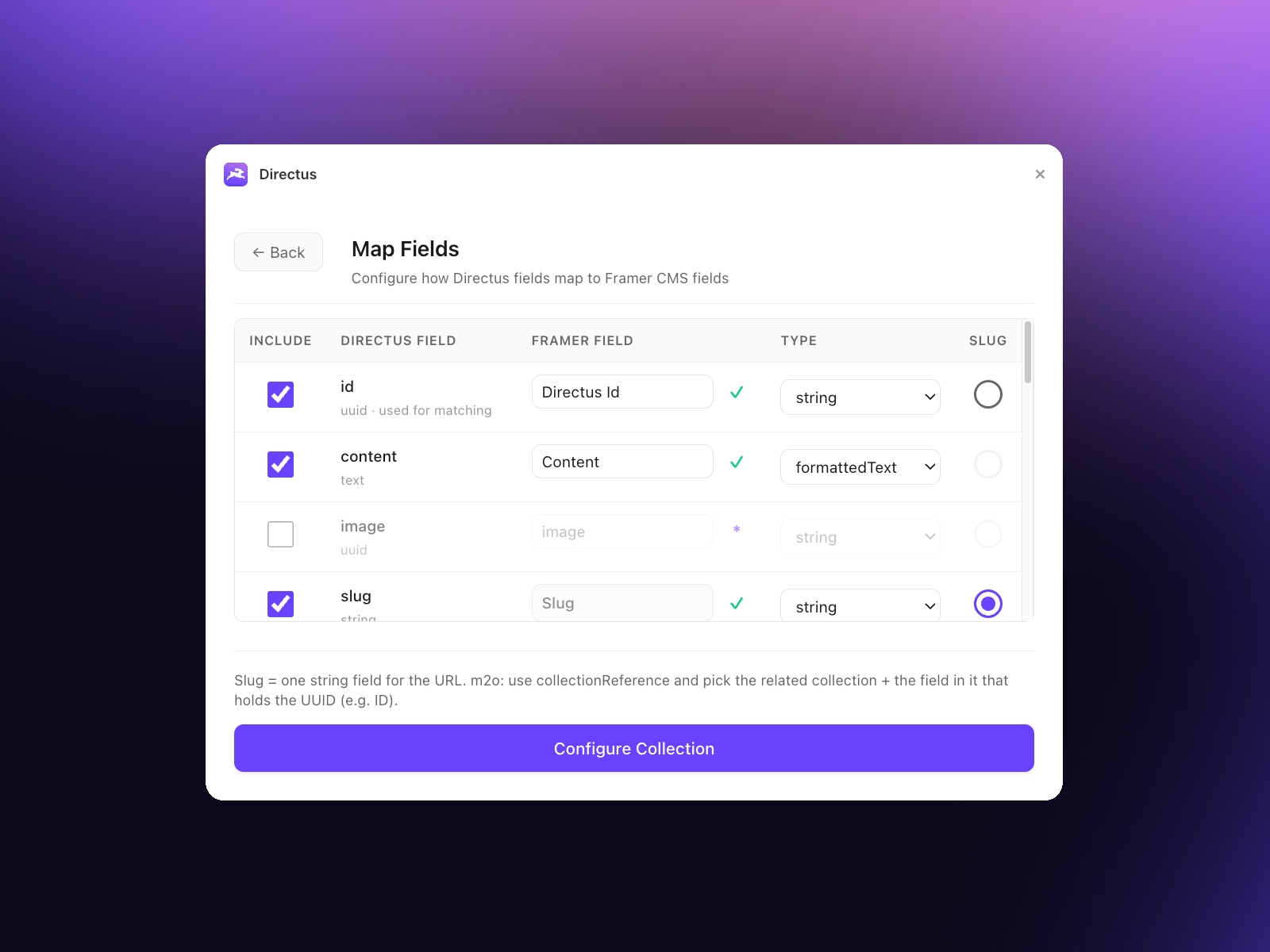Screenshot 1 for Directus, a Framer Marketplace plugin by Lindsey Zylstra.