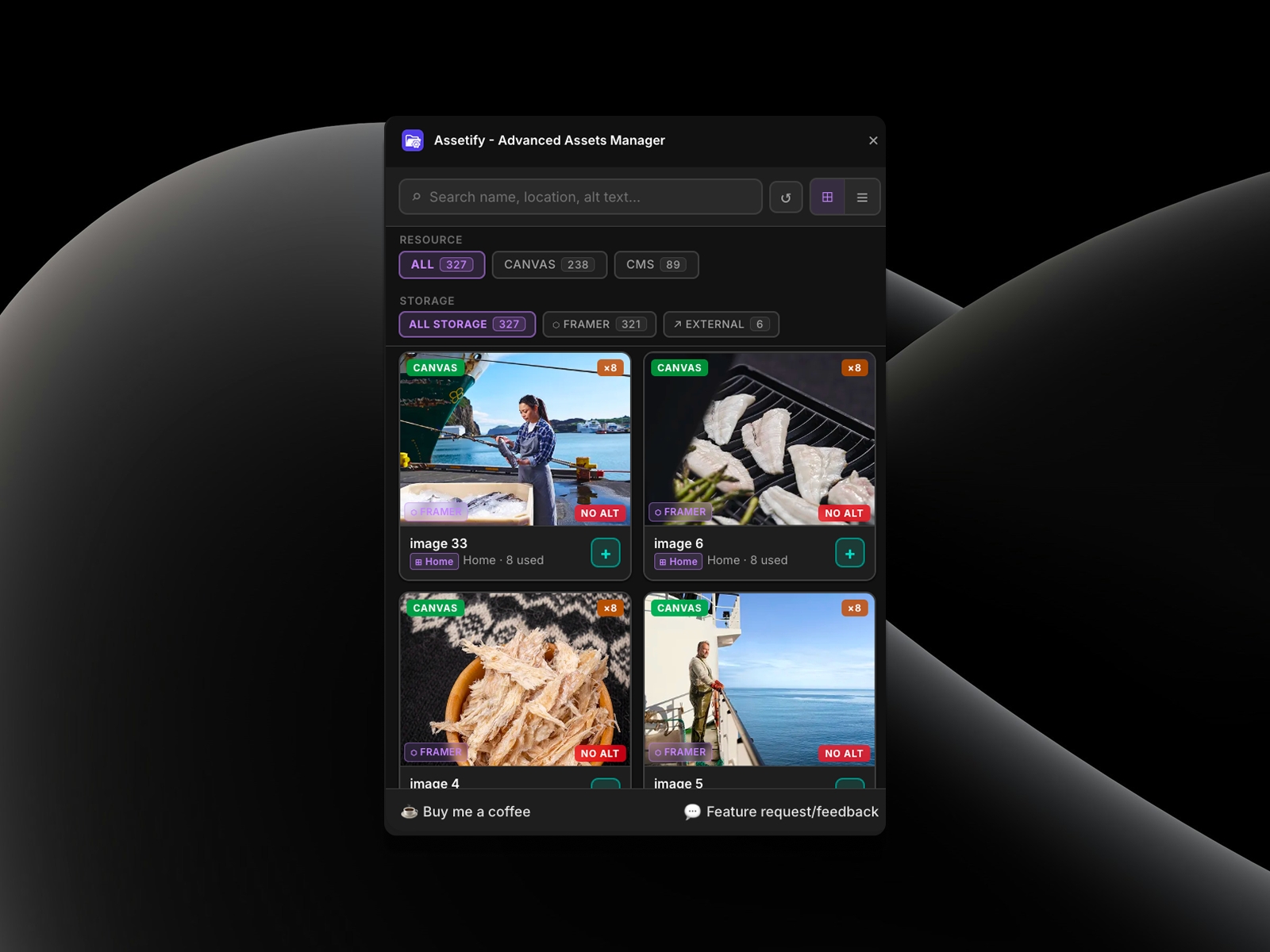 Thumbnail 1 for Assetify - Advanced Assets Manager, a Framer Marketplace template by Aghassi.