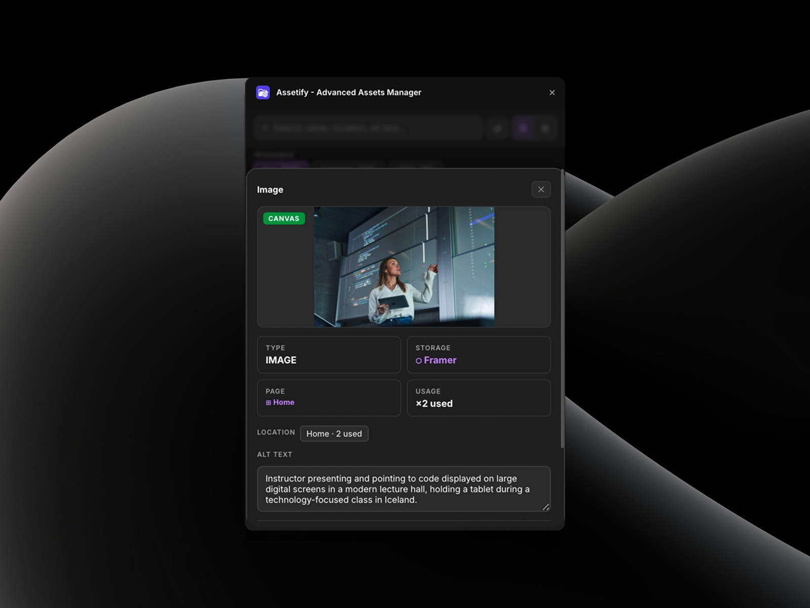 Thumbnail 2 for Assetify - Advanced Assets Manager, a Framer Marketplace template by Aghassi.