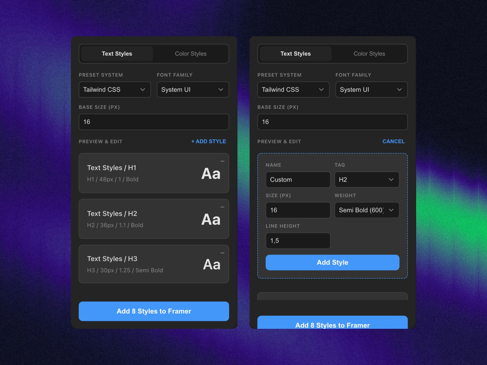 Screenshot 1 for Complete Text and Color Styler, a Framer Marketplace plugin by Randy Varianda.