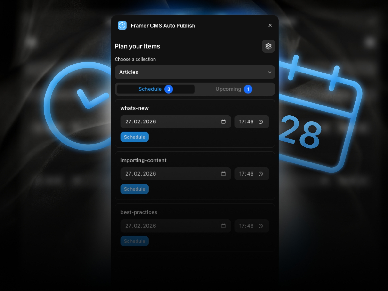 Screenshot 1 for Framer CMS Auto Publish, a Framer Marketplace plugin by Chris Lacorte.