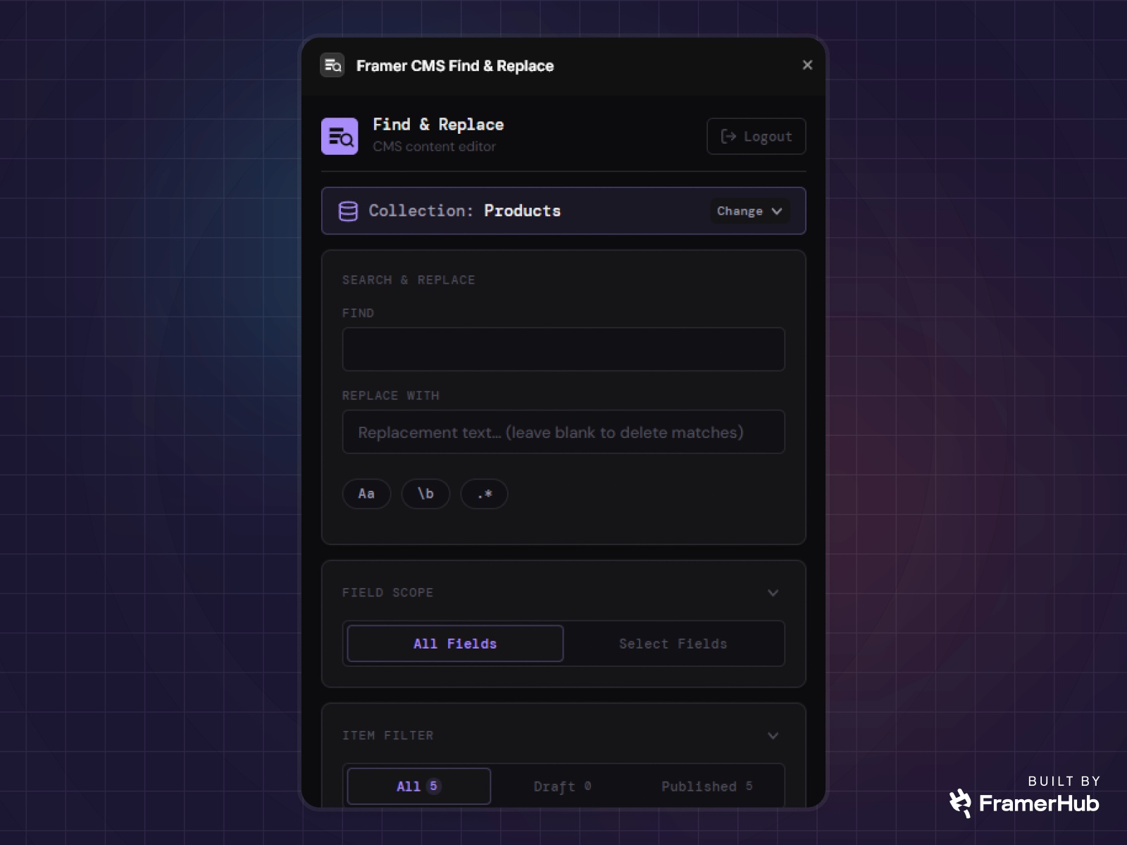 Screenshot 1 for Framer CMS Find & Replace, a Framer Marketplace plugin by FramerHub.io .