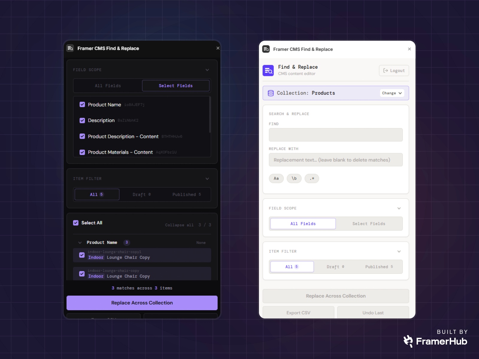Screenshot 2 for Framer CMS Find & Replace, a Framer Marketplace plugin by FramerHub.io .