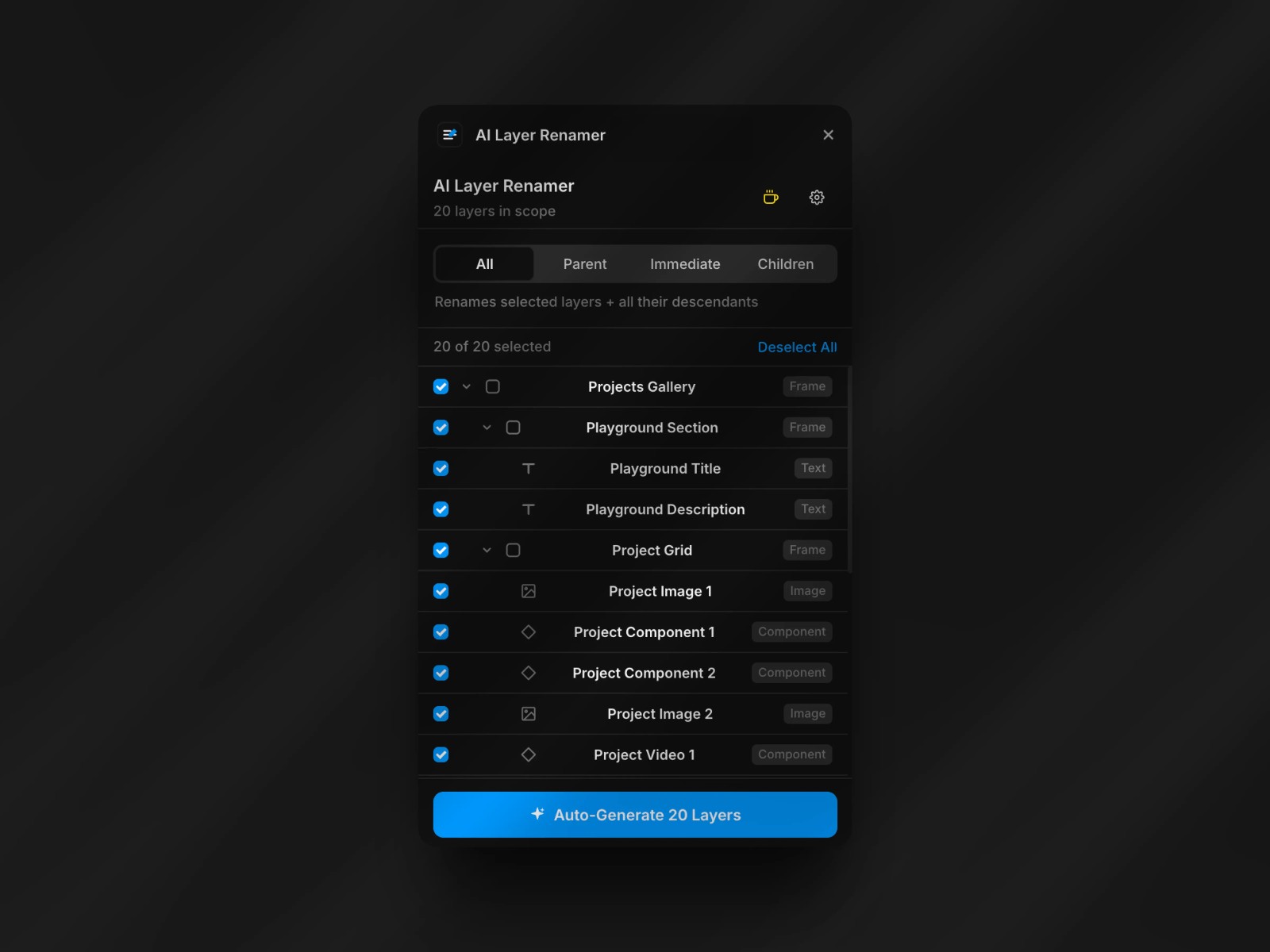 Screenshot 1 for AI Layer Renamer, a Framer Marketplace plugin by Leo Moschen.