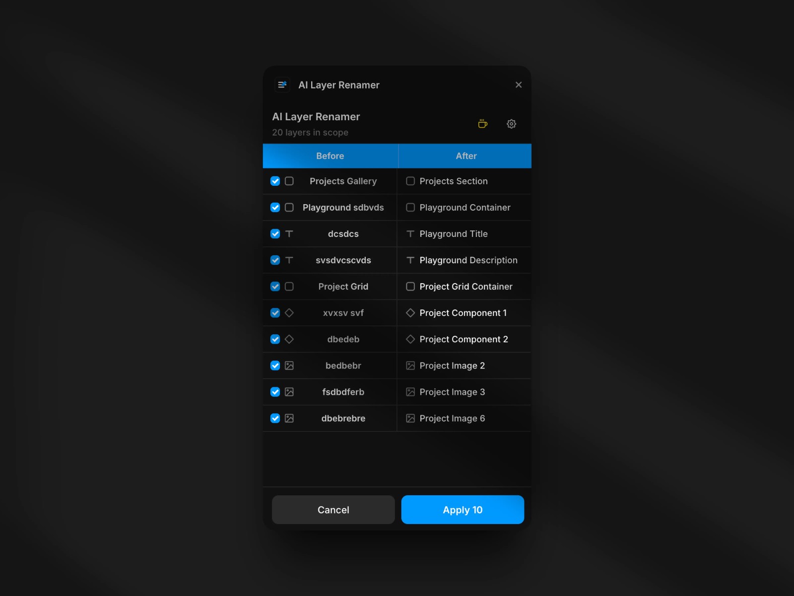 Screenshot 2 for AI Layer Renamer, a Framer Marketplace plugin by Leo Moschen.