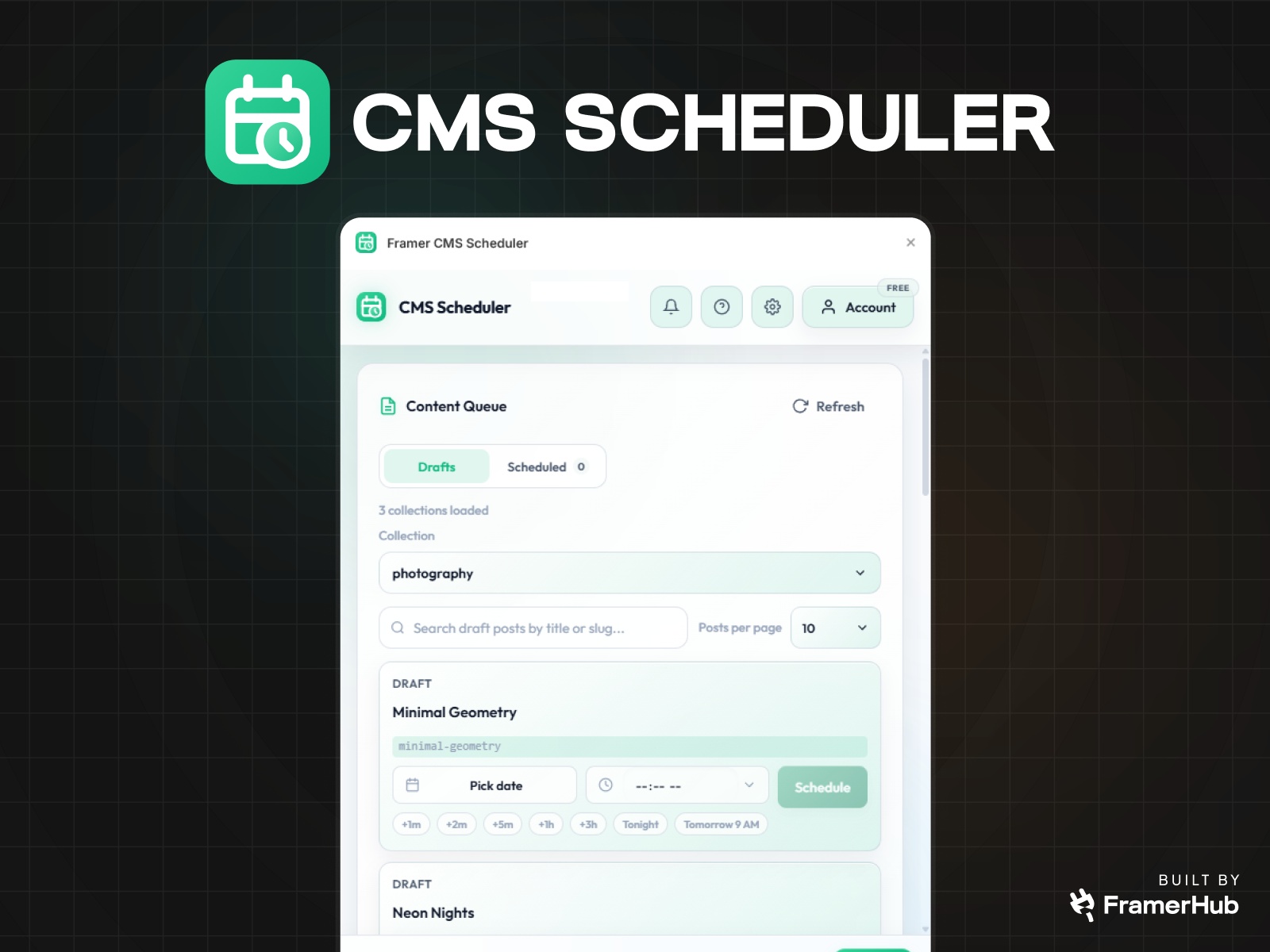 Screenshot 1 for Framer CMS Scheduler, a Framer Marketplace plugin by FramerHub.io .