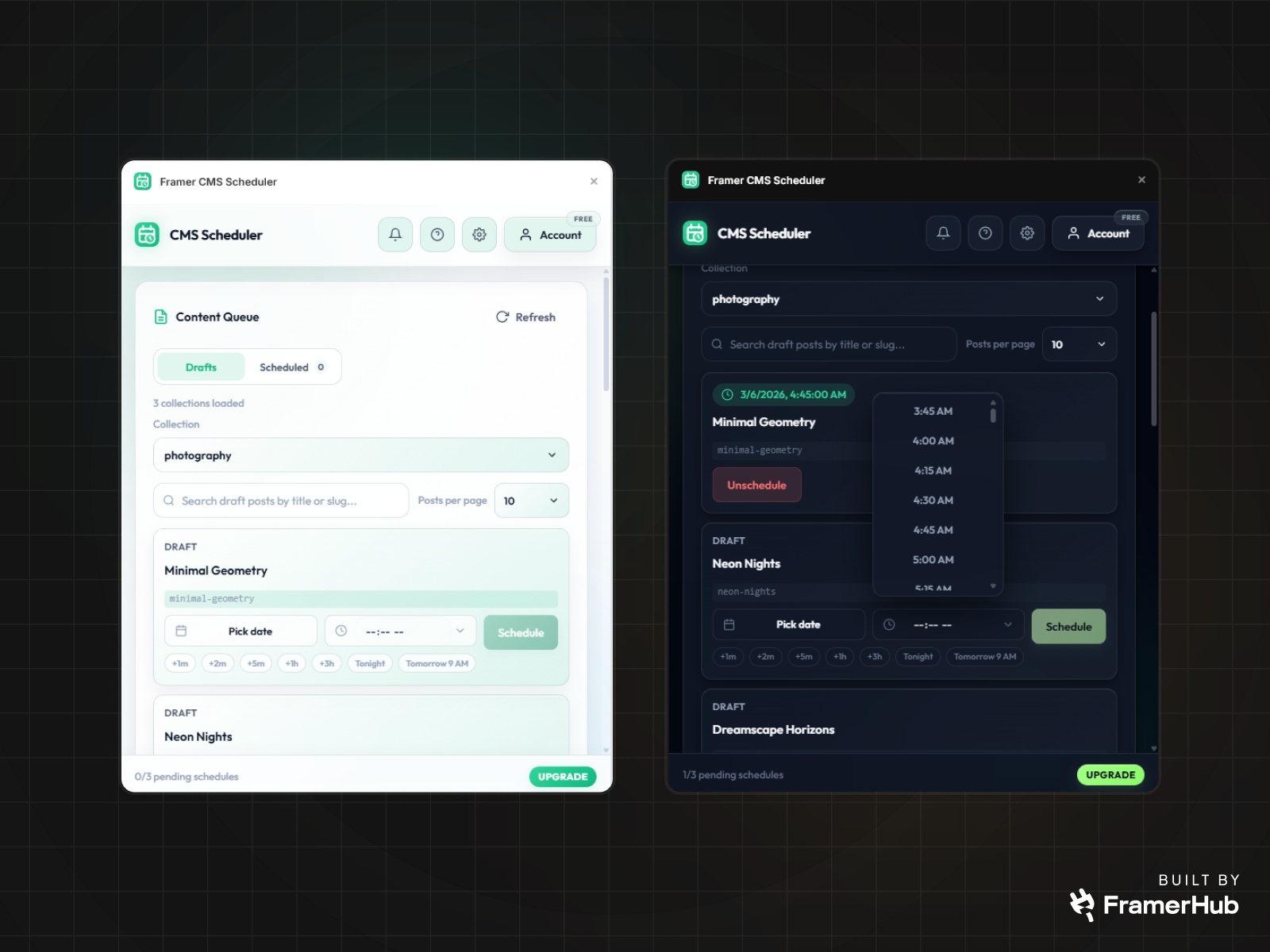 Screenshot 2 for Framer CMS Scheduler, a Framer Marketplace plugin by FramerHub.io .